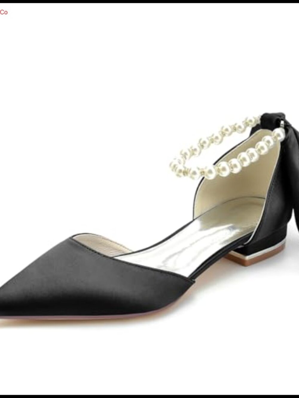 Pearl Satin Pointed Toe Ankle Strap Flats for Bride Wedding Prom Party